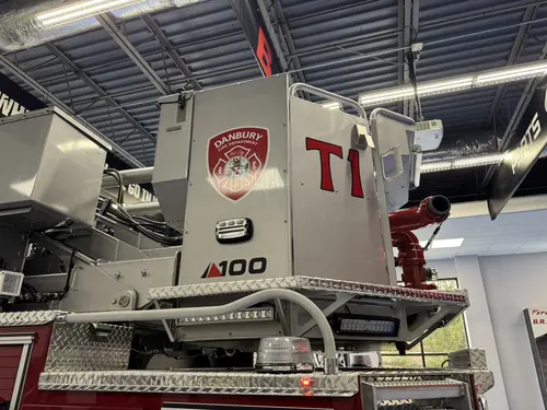Danbury Pierce Enforcer 100-foot aerial tower bucket underside and aerial tip detail