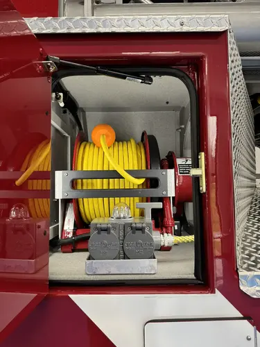 Danbury Pierce Enforcer 100-foot aerial tower side compartment with high-visibility equipment