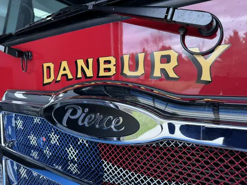 Danbury Pierce Enforcer 100-foot aerial tower front grille detail with Danbury lettering