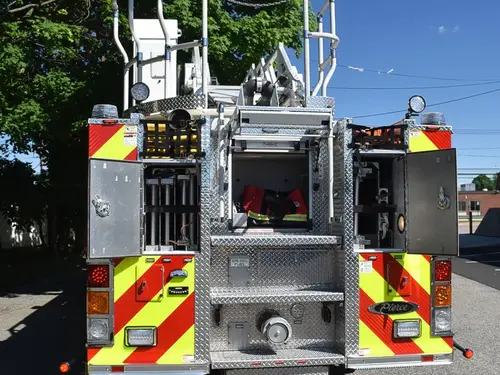Rear view showing chevrons, stabilizer section, and ladder base area