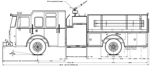 Side-profile apparatus engineering drawing with dimensions and deck gun layout