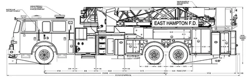 Side-profile aerial tower engineering drawing showing ladder bed, bucket, and dimensions