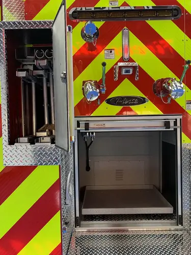Rear view close-up showing open rear center compartment