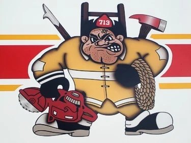 Side panel cartoon logo close-up showing firefighter mascot graphic
