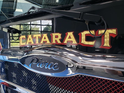 Front grille close-up showing CATARACT script and Pierce badge