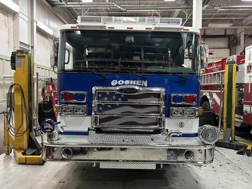 Goshen Pierce Enforcer pumper front view inside the apparatus bay