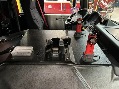 Goshen Pierce Enforcer pumper cab interior with center console and controls
