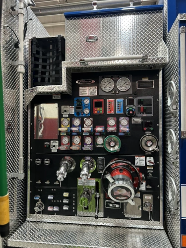 Goshen Pierce Enforcer pumper rear body compartment with shelving and equipment