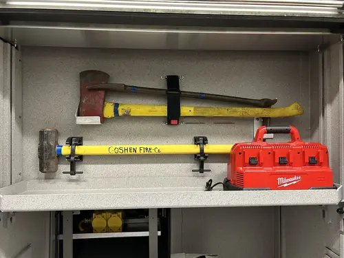 Goshen Pierce Enforcer pumper side compartment with rescue tools and storage trays