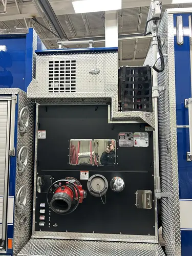 Goshen Pierce Enforcer pumper lower compartment with extinguishers and mounted equipment