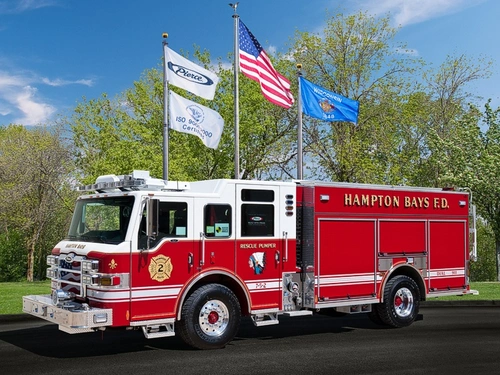 Pierce rescue pumper driver-side profile with enclosed cab, pump panel, and body compartments