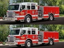 Two stacked front-left views of the pumper on display with full side body visible.