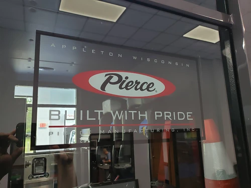 Window decal close-up showing Pierce Built With Pride graphic