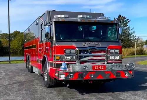 Heavy rescue truck front-left exterior profile showing full body length