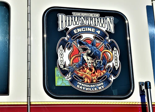 Interior detail close-up showing a department patch display on a dark panel