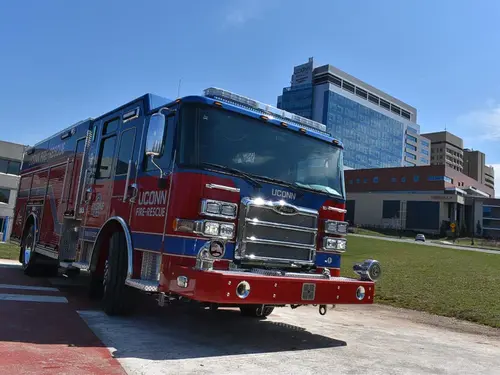 Pumper front-left exterior view showing cab roof lights and side body