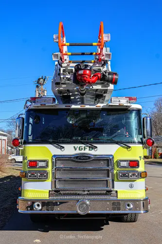 Vails Gate Pierce Ascendant quint front view showing the grille, bumper, and aerial tip over the cab