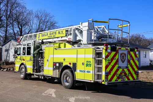 Vails Gate Pierce Ascendant quint rear-left exterior view with rear chevrons and bedded ladder
