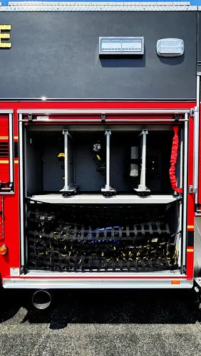 Open rear compartment showing slide-in tray rack storage