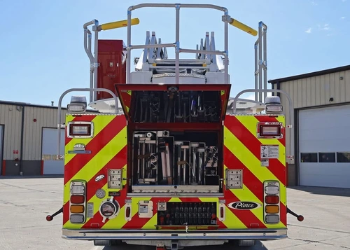 Rear view showing open center rear compartment and ladder rack